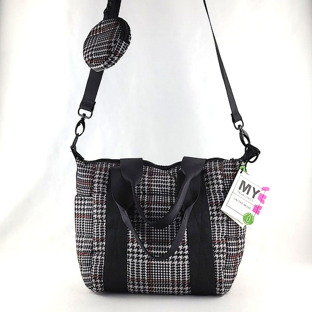NWT My Tagalongs Women’s Vixen Puffer Tote Plaid Black White Large